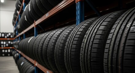 New car tires stacked on shelves in automotive warehouse