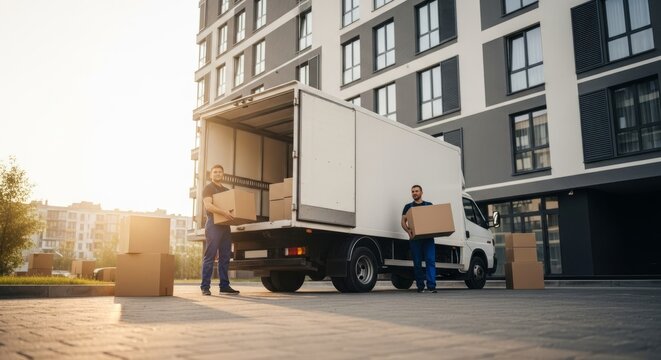 Professional movers unloading moving van outside modern apartment complex