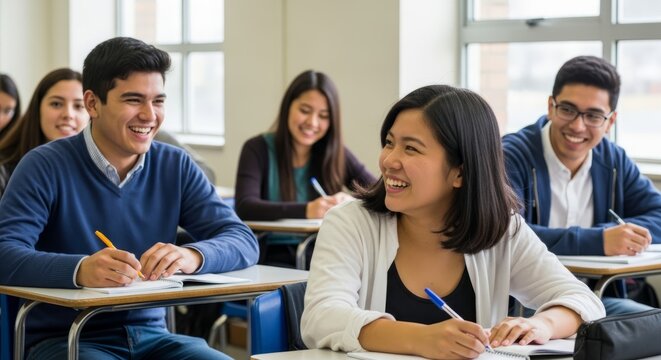Diverse college students engaging in classroom discussion