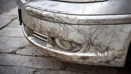Silver car bumper shows many deep scratches and dirt from a road incident. The paint is marred, revealing damage. This shows need for auto body repair work