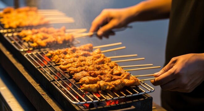 Chef grilling skewered chicken satay on outdoor barbecue