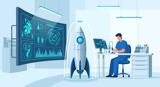 Scientist working on rocket technology in futuristic laboratory.