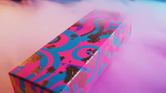 Vaporwave box in abstract smoke background, pink and blue neon glow, vapor, product presentation.