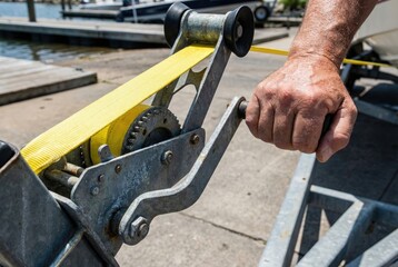 Hand operating a metal manual winch with a yellow strap on a boat trailer