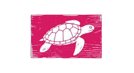 Magenta linocut style sea turtle icon with rustic carved texture frame,perfect for coastal branding, ocean conservation themes