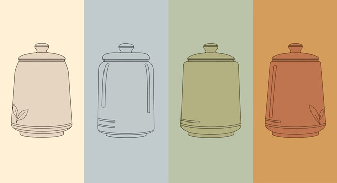 Set of four stylized vintage thermos flasks in different muted colors with leaf decoration.