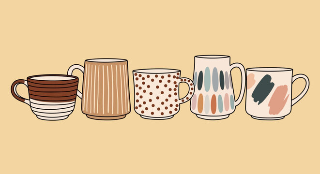 Set of four hand-drawn artistic coffee mugs with unique patterns and colors.