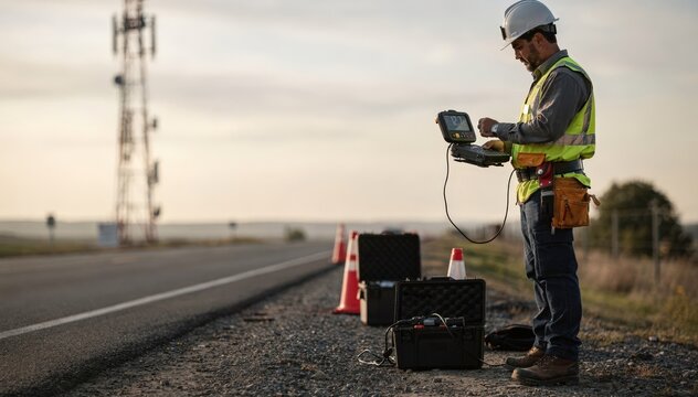 Field crew member adjusting portable meter by roadside next to broadcasting tower focused against a minimally visible blurred horizon.