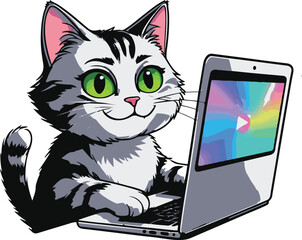 Cat pretending to work on laptop while secretly watching videos, sarcastic cartoon mascot, bold black outline, clean minimal vector sticker, white background