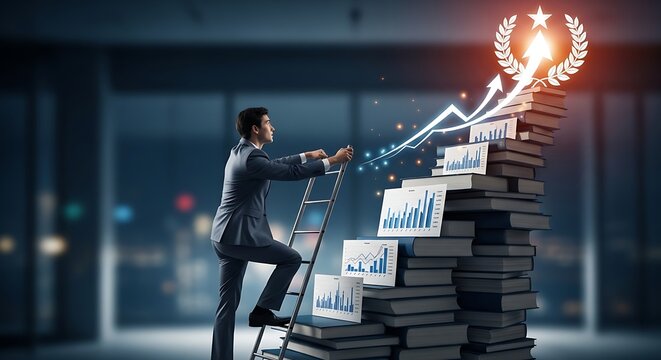 A man in a suit climbing a ladder to reach a glowing award