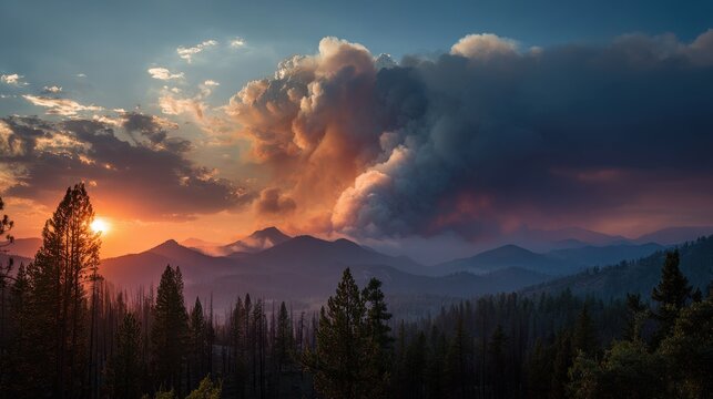 Silhouette of trees against hazy horizon with wildfire smoke