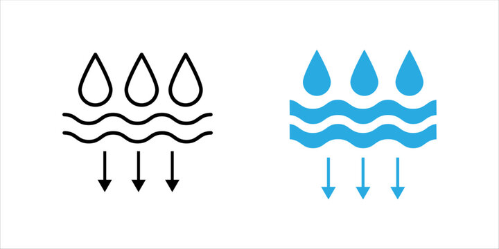 Minimal outline icon set.  representing water infiltration into the ground. Suitable for concepts related to hydrology, environmental science, natural water cycles, and ecological sustainability.