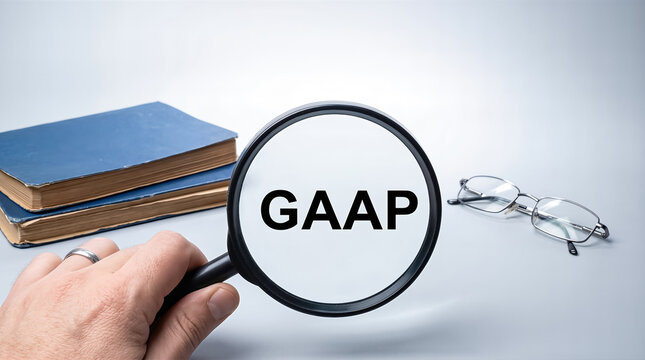 Magnifying glass focusing on gaap text with business documents and reading glasses on light blue background