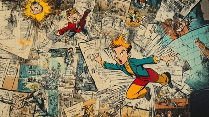 Fototapeta premium Vintage comic book pages, a collection of characters in motion