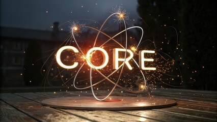 Illuminated Core Concept Featuring Rays and Sparkles Set Against a Blurred Background in a Nighttime Outdoor Environment