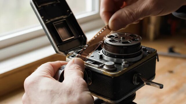 A detailed shot of hands carefully loading roll film into a vintage camera's mechanism, evoking a nostalgic mood indoors near a window.