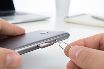 Fototapeta premium Hands using a metal pin tool to open the SIM card tray of a modern gray smartphone