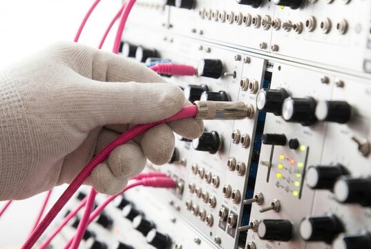 Gloved hand inserting a pink patch cable into a jack on an analog modular synthesizer