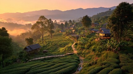 Naklejka premium Misty dawn over terraced tea fields and hillside village in Ban Rak Thai, Mae Hong Son, Thailand