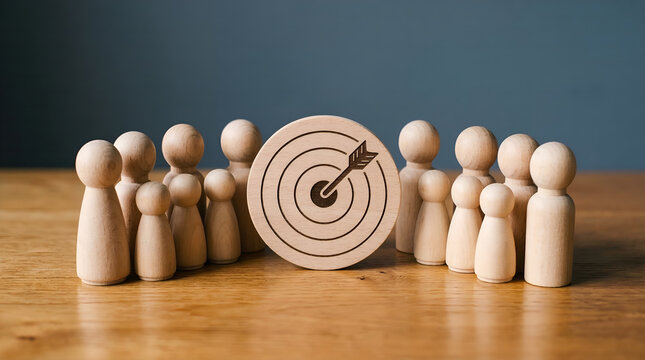Teamwork and shared vision A group of wooden figures surrounding a target with an arrow, symbolizing collective strategy, focused effort, and achieving common business objectives