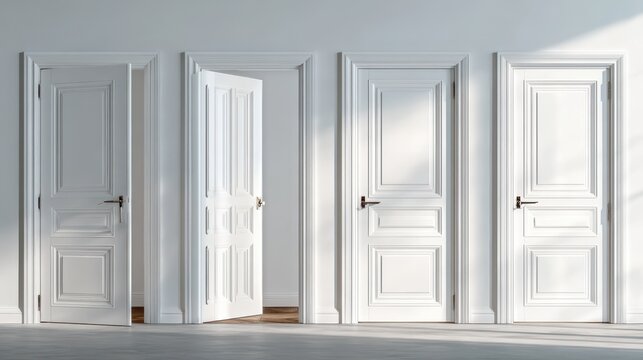 White wooden doors in different stages of opening in a minimalist interior