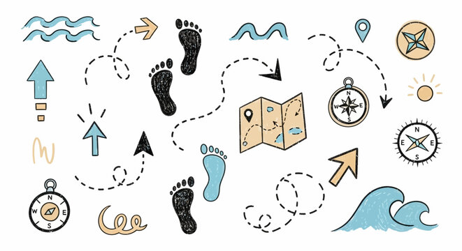 Travel and Adventure Hand Drawn Navigation Icons Set