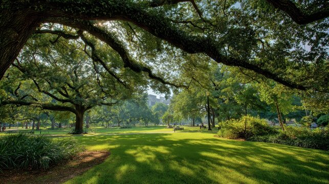 Sunlit park morning with sprawling rain tree canopies over a lush green lawn