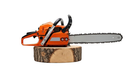 Fototapeta premium Orange Chainsaw Resting on a Wooden Log Slice.
