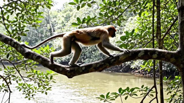 A distinctive proboscis monkey walks carefully on a thick tree branch over a winding river in a lush green jungle, captured in natural light wildlife photography.