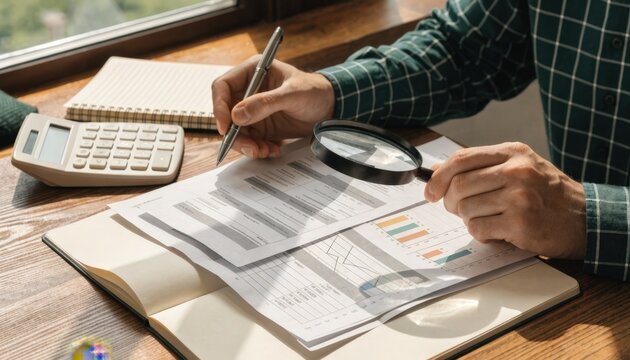 Analyst hands examine printed bank statements and loan documents closely with a calculator and charts on a desk emphasizing careful financial review and risk evaluation.