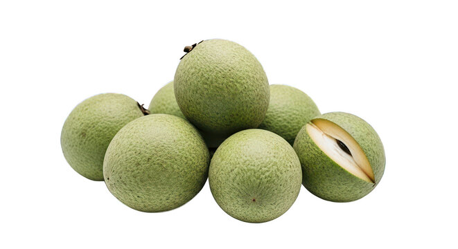 Pile of Fresh Green Sapodilla Fruits on White Background.