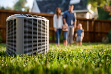 Naklejka premium Outdoor home air conditioning unit installed in backyard with family standing blurred in background enjoying comfortable living environment