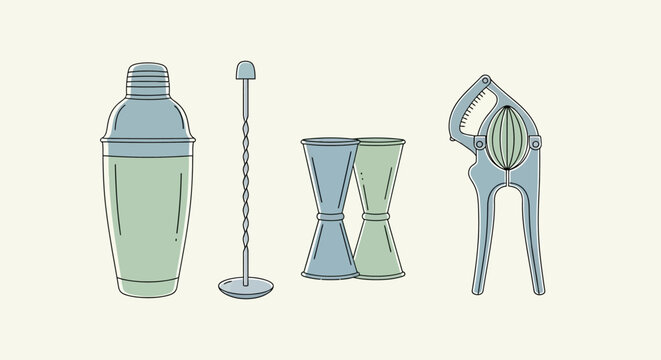 Set of professional bar tools including shaker, stirrer, jigger, and citrus squeezer for cocktail preparation.