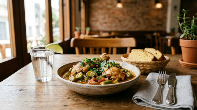 Prato tradicional de frango com quiabo servido em mesa de madeira de restaurante r&uacute;stico com acompanhamentos