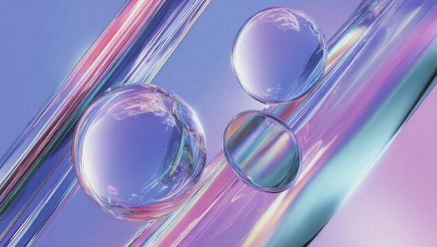 Three transparent glass balls on colorful abstract background.