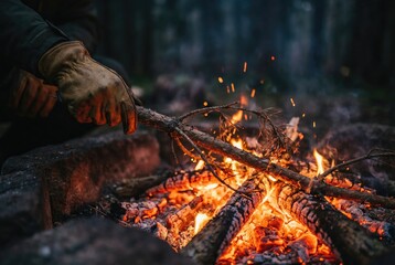 Fototapeta premium Hand wearing a heavy leather glove using a wooden branch to poke and adjust a hot burning campfire