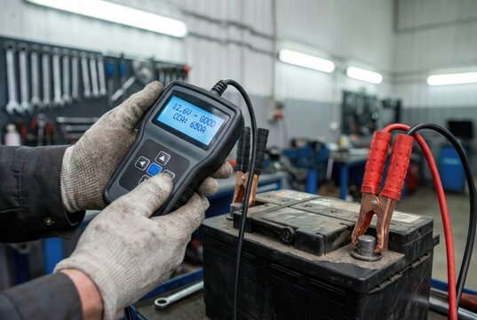 Mechanic wearing dirty gloves using a digital diagnostic tool to test the condition of a car battery