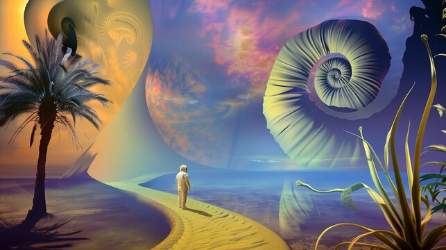Surreal figure walking along golden path toward giant shell and cosmic horizon, emotional storytelling and soft worlds concept, perfect for branding, advertising and inspirational design visuals