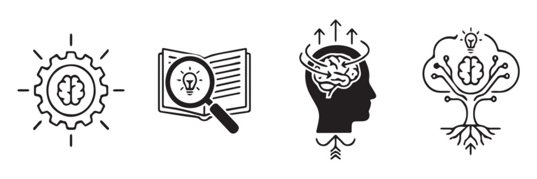 Brain in light bulb icon set. Creative, generating idea, solution , knowledge, lamp - stock vector.

