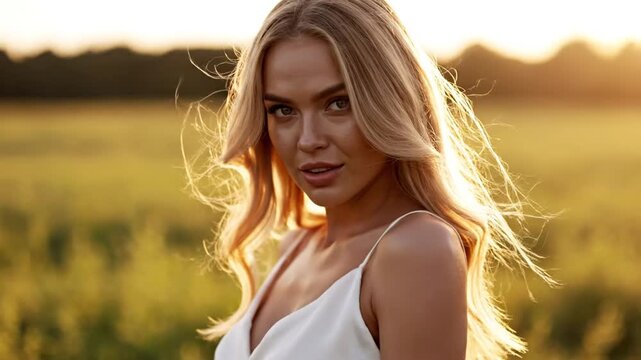 Young blonde woman looking back in sunlit field at sunset