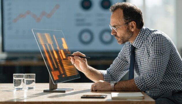 Banker assessing AIgenerated personal loan risk scores on a touchscreen dashboard with traditional credit data softly blurred in the backdrop.