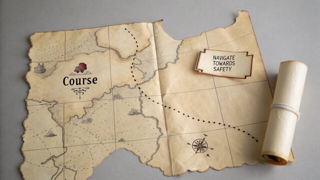 Fragmented Vintage Map Guiding a Journey Towards Safety