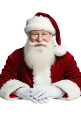 Elderly caucasian santa claus in red velvet suit and spectacles, smiling warmly at camera, resting gloved hands on transparent surface, against a seamless transparent studio. Festive holiday