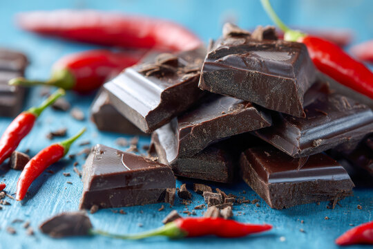 Dark chocolate pieces stacked and scattered on a blue surface surrounded by red chili peppers for a spicy and sweet flavor combination concept