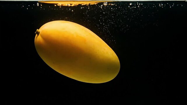 A vibrant yellow mango submerged in clear water against a dark background, creating a striking contrast.