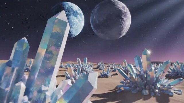 Crystalline structures emerging on a distant moon with a stunning celestial backdrop