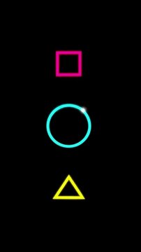 Glowing neon shapes on black background including square circle triangle