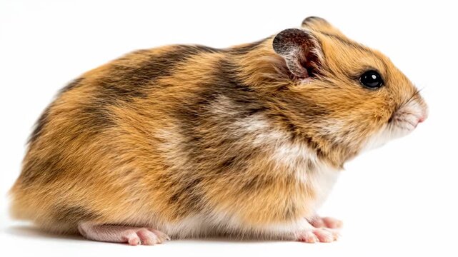 Adorable Syrian Hamster Sitting Still on a White Background, Exhibiting Its Charming Features and Soft Fur, a Perfect Pet Portrait for Animal Lovers and Rodent Enthusiasts