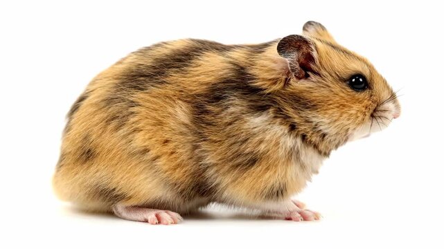 A charming Syrian Hamster with golden-brown fur and dark stripes stands against a transparent backdrop, capturing its curious gaze and endearing features in a studio shot. Pet photography.