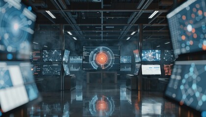 Fototapeta premium AIpowered credit scoring control center showing pilot sandbox environment on central monitor highlighted screens keep main visuals crisp with blurred surroundings.